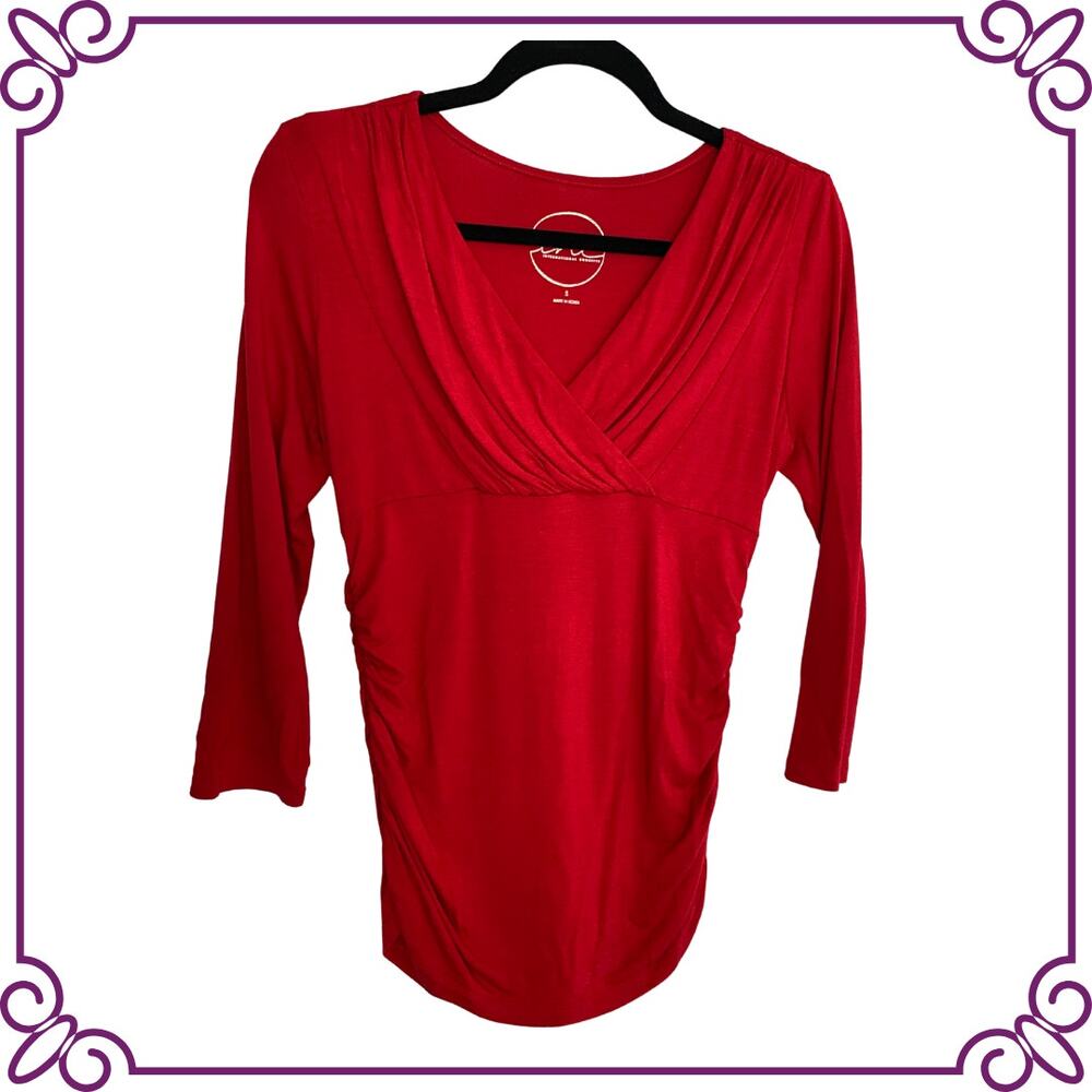 INC 3/4 Sleeve V-Neck Stretch Red 3/4 Sleeve Top Small